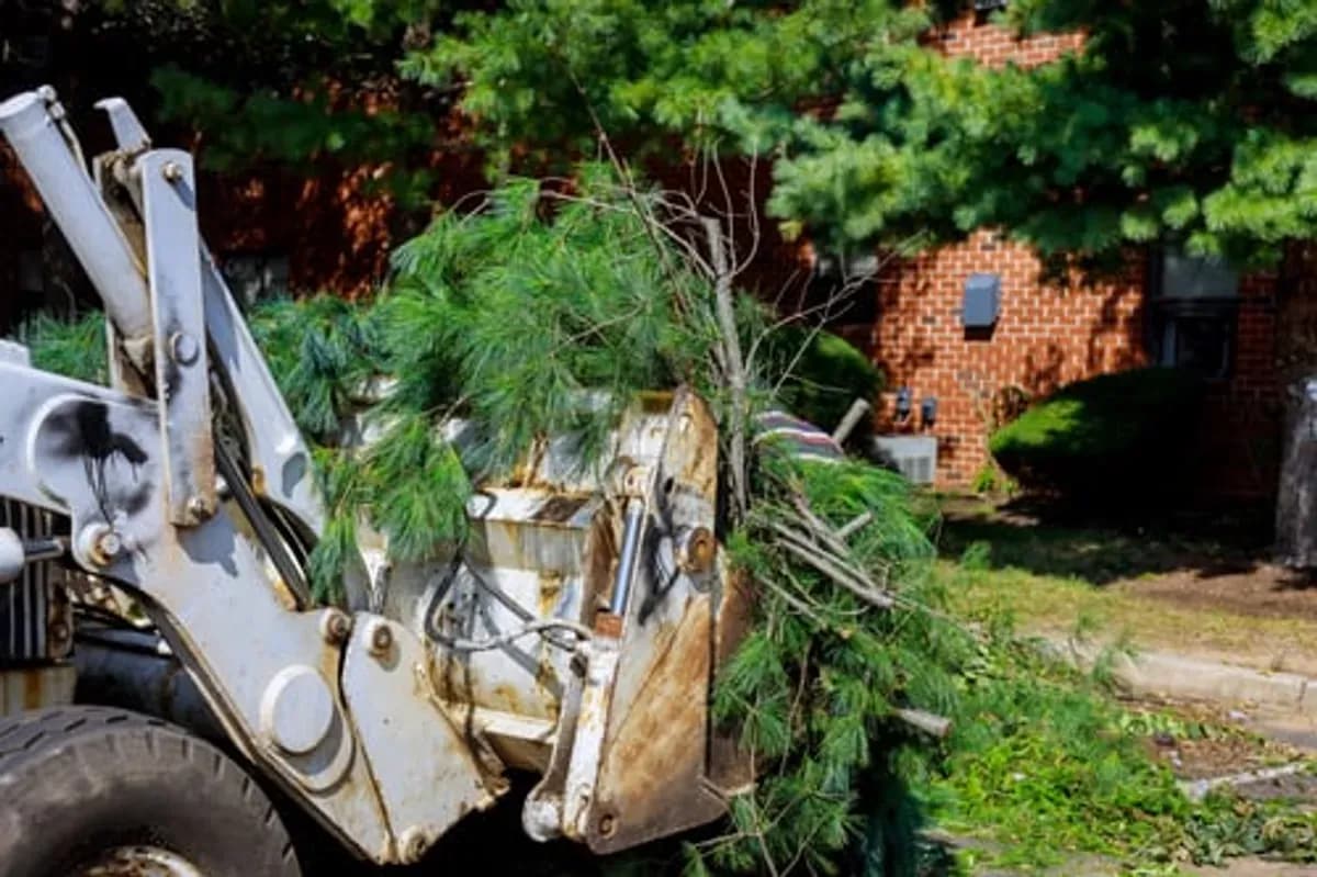Front loader clearing large storm-downed pine limbs from a residential yard after severe weather