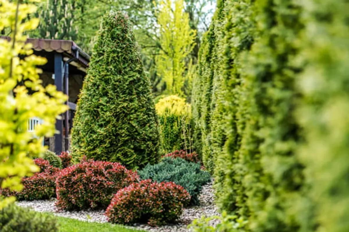Freshly landscaped bed with mature evergreen trees and clean mulch edging — completed work by Escudero Tree Service